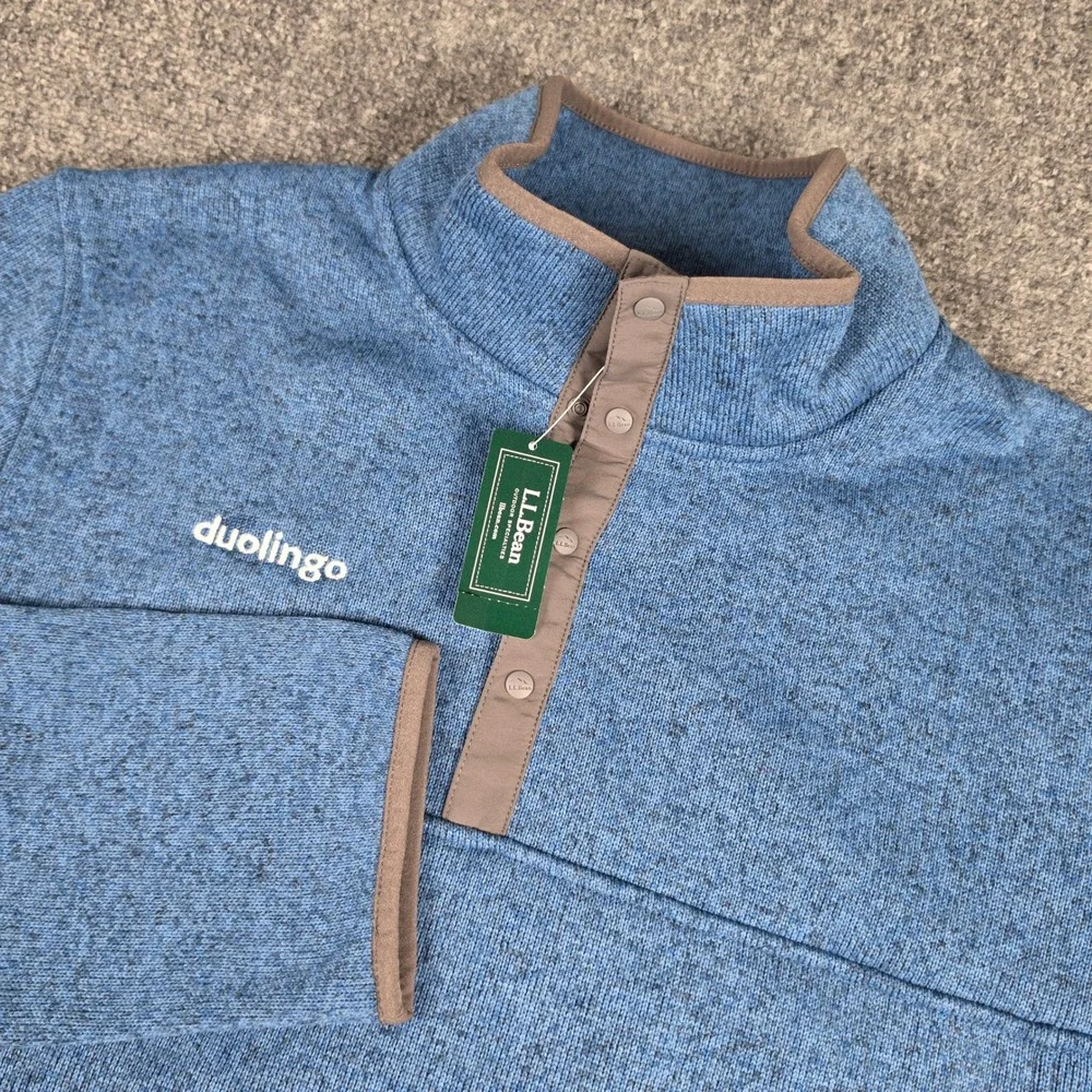 LL Bean Sweater Fleece Pullover Mens L Blue Duolingo Logo Snap Neck 506446 NWT
